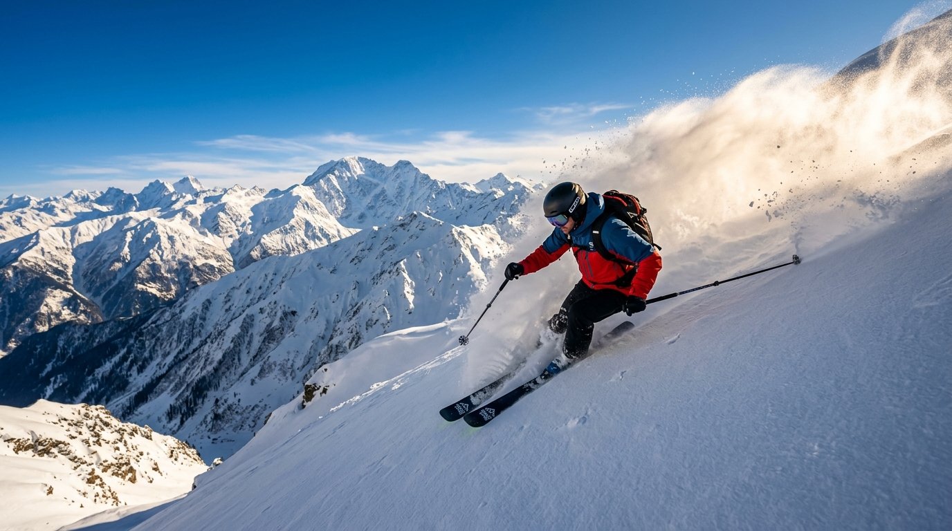 Skier carving deep Himalayan powder snow in Gulmarg Kashmir